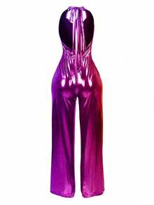 Women's Fashion Sexy Metallic Futuristic Music Festival Style Open Back Draped Neck Jumpsuit Summer Elegant - 玫紅色 - 查看 7