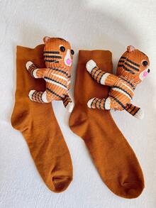 1 Pair Women's Cute 3D Tiger Knitted Socks, Warm House Socks For Daily, Home, Party, Wedding, Holiday Wear - Brown - View 8