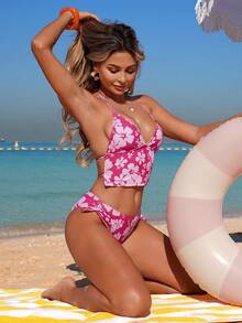 Sexy Floral Print Backless Tie Casual Boho Dress, Suitable For Beach, Stage Performance, Evening Date - Pink - View 8