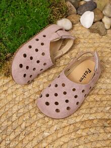 New Girls' Solid Color Hollow Anti-Slip Soft Bottom Hook And Loop Simple Fashion Flat Sandals, Suitable For Spring And Summer