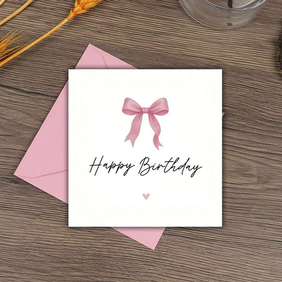 一套优雅粉色蝴蝶结生日贺卡 - 生日快乐，包含信封，庆祝贺卡，非常适合送给女儿、朋友或妈妈，是特殊场合的理想之选，优雅的草书字体，激光切割设计，生日派对装饰（粉色/黑色/红色/卡其色） - 彩色 - 查看 1