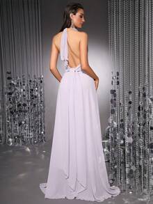 优雅性感3D立体花卉装饰露背吊带连衣裙 - 淡紫色 - 查看 2