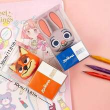 1个官方授权的朱迪·霍普斯和尼克·王尔德主题大号铅笔盒 - 可爱的手动操作双功能文具，心形图案，印有人物和文字，适合送给男孩女孩的生日礼物，学校和办公用品（官方授权） - 亮橙色和蓝色，铅笔盒和橡皮擦双功能收纳盒，适合粉丝和生日礼物