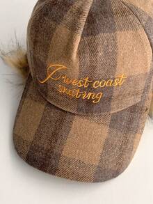 格子羊羔绒棒球帽，复古美式格子图案字母刺绣，保暖内衬带耳罩，秋冬季保暖飞行员帽