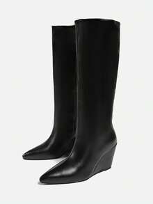 Fall/Winter 2025 Spring/Summer New European & American Pointed Toe Tall Boots Women, Slim Fit Straight Leg Shaft, Wedge Heel Riding Boots,Knee High Boots - Black - View 7