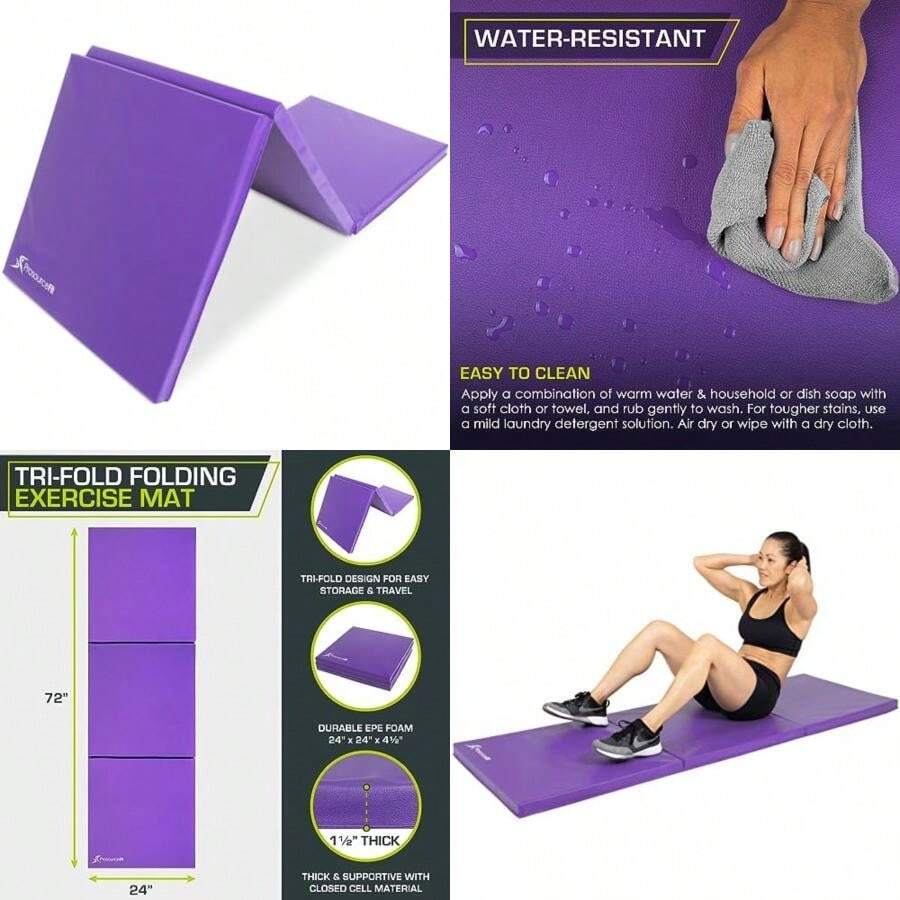 ProsourceFit - Alfombrilla de Ejercicio Plegable de Triple Pliegue, 6 x 2 pies, con Asas de Transporte para MMA, Gimnasia, Estiramiento, Entrenamiento básico(Púrpura) - Multicolor - Ver 1