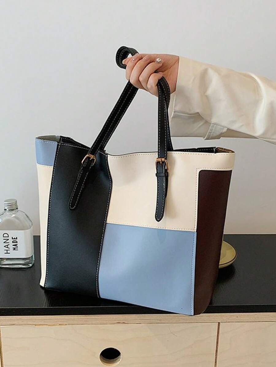 32*12*28厘米 时尚大容量多口袋单肩手提包，休闲女士大包，适合装笔记本电脑，简约风格，休闲度假之选 - 藍色 - 查看 1