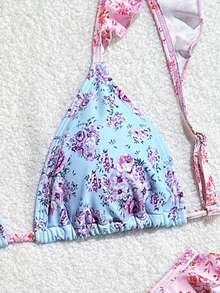 女士荷叶边花卉印花性感比基尼套装，适合夏季海滩度假 - 彩色 - 查看 5