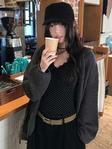 法式蕾丝波点荷叶边V领长袖女士春季修身吊带背心 - 黑色 - 查看 4