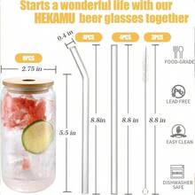 8 PCS 16 Onzas Vasos de Vidrio para Beber, Tipo Lata De Vidrio Con Tapas Popotes Y Cepillo De Limpieza, para Cerveza Taza de Cctel Adecuados de Caf Helado Vasos, Copas Cola Y Zumo 8 - 8 - Ver 4