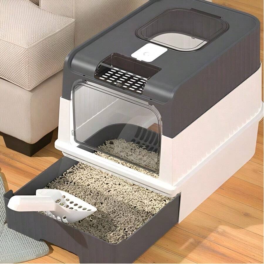 超大可折叠方形猫砂盆，尺寸为 50x35x37 厘米，采用封闭/半封闭设计，可拆卸，防臭且易于清洁，并配有铲子用于收集猫砂。 - 多色 - 查看 1