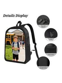 1pc Customizable Backpack With Your Photo/Name/Logo. This Multi-Functional Backpack Is Suitable For Daily Commuting, Hand-Washable, Lightweight, And Easy To Carry. It's Perfect For Outings And Travel. Personalized Photos Can Be Printed With Your Name Or Signature. Ideal For Family Photos, Pet Photos, Wedding Photos, Parent-Child Photos, Anniversaries, Graduations, Christmas, Halloween, Thanksgiving, National Day, Spring Festival, And Other Holidays, As Well As For Awards And Gifts For Friends. - Black - View 5