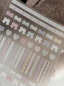 1Sheet 5D Bow Nail Stickers, 1PC 5D Embossed Knitted Bow Nail Art Decals Self-Adhesive Colorful Bows Line Heart Nail Art Stickers For Women Girls Nail Supplies Accessories - Multicolor - View 2
