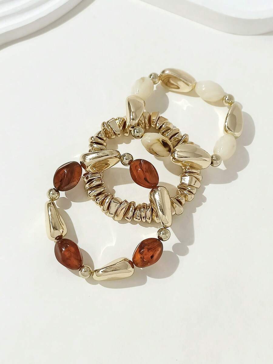 3pcs Set Fashion Vintage Exaggerated Bohemian Thick Multi-Layer Acrylic Beaded Bracelets For Women