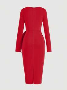 女士纯色优雅休闲舒适针织V领不对称/不规则中长修身连衣裙，适合休闲、派对、商务、办公、生日派对、婚礼宾客、感恩节、新年、母亲节、春夏秋冬等场合。 - 紅色 - 查看 7