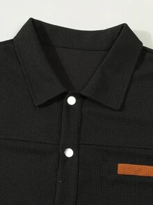 男士休闲拼接撞色口袋翻领长袖衬衫+长裤套装，轻薄涤纶面料，休闲运动度假装，春秋季 - 黑色 - 查看 4