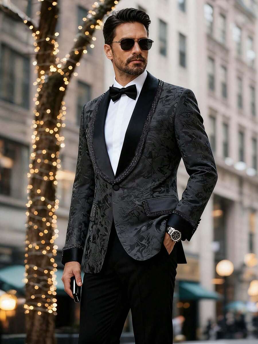 Men's Suit Black Shawl Collar Tuxedo Jacket, Paisley Jacquard Pattern Blazer With Beaded Lapel, Pocket & Cuffs, Wedding Prom Formal Dinner Jacket, Slim Fit Suit Coat - 黑色 - 查看 1
