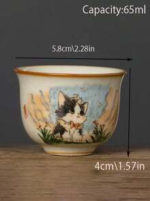 Ru Kiln Cute Cat Round Ding Tea Cup, Master Cup, Crackle Glaze, High-End Gongfu Tea Cup, Single Tea Cup, Water Cup - 彩色 - 查看 6