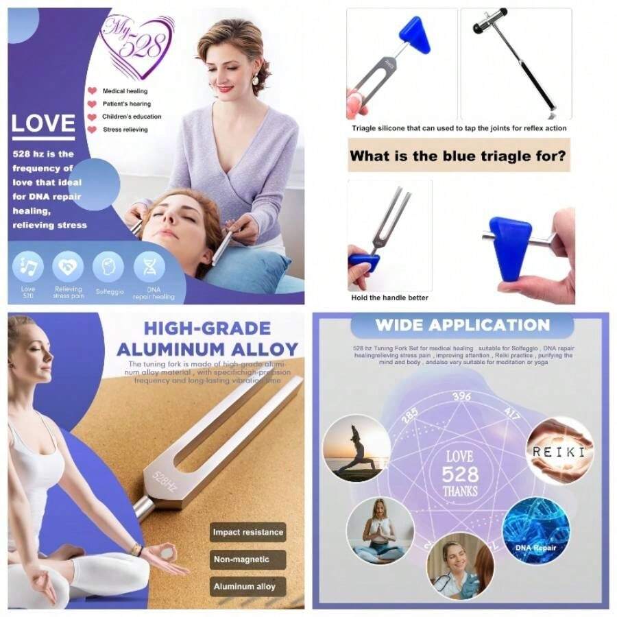 528 Hz Tuning Fork Healing, DNA Repair, Reliever Stress and Healing Musical Instrument, with Blue Silicone Hammer - inicial - Ver 1