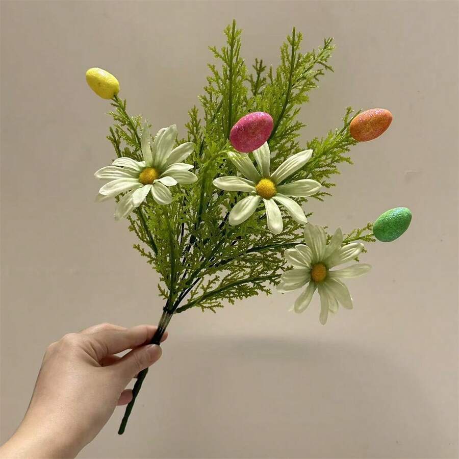 Rama de hojas de ciprés de pino artificial, huevos de Pascua coloridos, tallos florales de manzanilla de plástico, hermosa decoración artesanal - Verde - Ver 1
