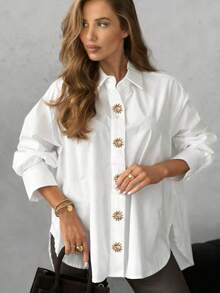 Solstice Apparel Sunflower Metal Buckle Decor Loose Long Sleeve Solid Color Textured Shirt, Minimalist Luxury Style, Suitable For Daily Outings, Work, Dates, Versatile Top For Spring/Summer - White - View 1