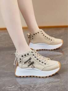 Women's Casual Sports Shoes 2025 Spring And Autumn New Style Fashionable And Simple Side Zipper Decoration Solid Color Design, Comfortable And Breathable Thick-Soled Women's Shoes, Suitable For Camping Holiday Parties, Women's Sports Casual Shoes - 黃色 - 查看 3