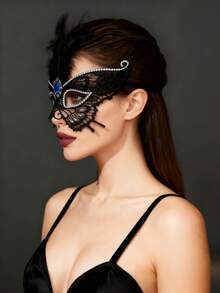 Máscara de encaje con rhinestones de lujo, máscara negra hueca con plumas artificiales, accesorio de nivel de reina para fiesta de mascarada veneciana, máscara de ojos romántica para pareja disfraz del Día de San Valentín - Negro - Ver 4