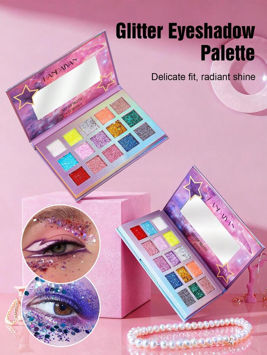 HANDAIYAN 15-Color Glitter Eyeshadow Palette, Pearlescent Shimmery Natural Long-Lasting Eyeshadow, Suitable For Parties, Cosplay, Christmas Gifts, Winter Essential - 彩色 - 查看 1