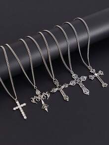 5件套时尚街头风十字架吊坠叠戴项链，适合日常佩戴，欧美流行饰品，简约十字架设计项链，圣诞节、情人节、新年礼物 - 銀色 - 查看 2