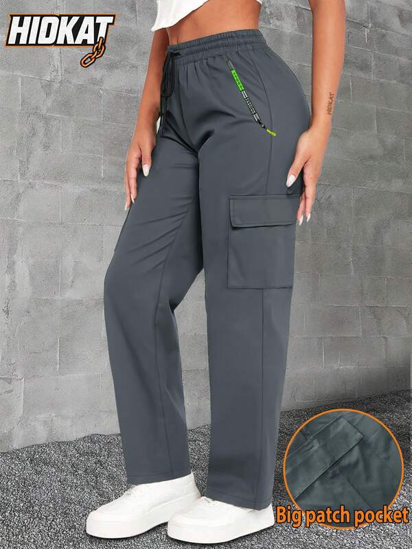 Women's Spring/Autumn Letter Print Green Zipper Pocket Cargo Pants, Fashionable Large Pocket Design, Drawstring Elastic Waist, Casual Outdoor/Daily Wear Trousers, Fitness Sportswear, Y2K Streetwear