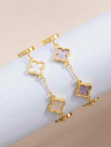 2pcs Fashionable Classic Purple & White Clover Design Bracelet Set - One Size Fits All - White and Purple Bracelet - View 5