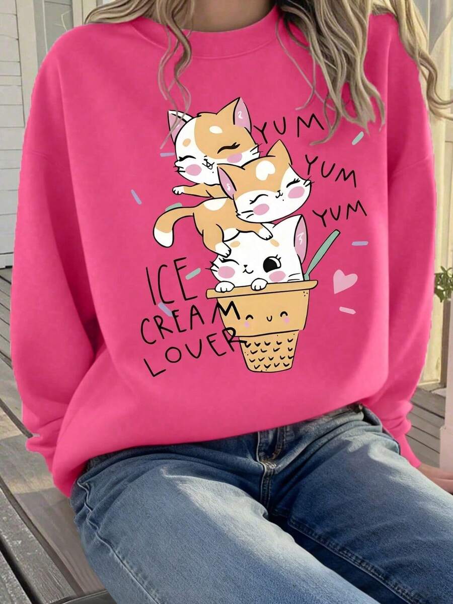 1件女童可爱卡通猫咪印花圆领卫衣，柔软舒适，适合春秋季日常上学穿着 - 玫紅色 - 查看 1