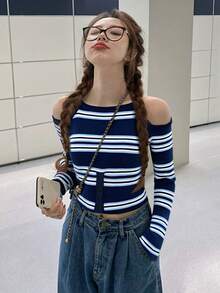 女士露肩条纹针织吊带T恤，修身短款，独特设计，长袖，春夏款 - 寶藍色 - 查看 3