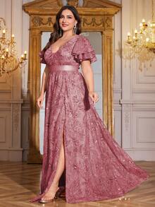 XUIBOL Hochwertig dehnbares, elegantes Pailletten-Patchwork-Kleid in superenganliegender Passform, Große Größen mit V-Ausschnitt, ideal für Abendveranstaltungen, Cocktailpartys, Hochzeiten, Jahrestage, Familienfeiern, formelle Galas, Bridal-Shower, Geburtstagsfeiern. Luxuriöses, würdevolles Kleid für die Brautmutter mit schweren Verzierungen. - Pink - Übersicht 6