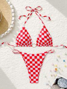 SunTide Bikini Rot Weiß Gingham Karomuster Neckholder Dreieck Bikini mit goldenem Ring Dekor 2-teiliges Set, Sommer Strand Sonnenuntergang verspielt sexy - Rot-Weiß - Übersicht 8