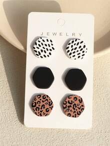 3對幾何六邊形、斑點豹紋、花卉、陶瓷紋理亞克力耳釘 - 彩色 - 查看 9