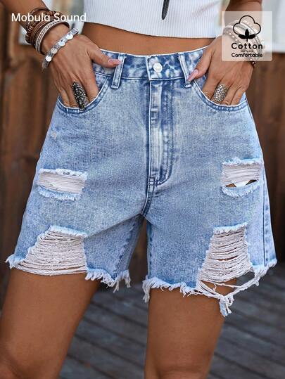 Mobula Sound 女士休闲做旧水洗牛仔宽松舒适短裤，适合春夏、休闲、度假、上学、旅行、日常穿着、约会、旅行、机场等多种场合。