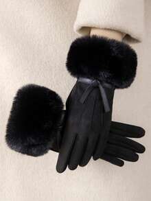 1 Paar Damen Einfarbige Polyester Faser Elegante Lässig Fingerlose Handschuhe mit Fellbesatz, geeignet für Herbst/Winter Ausflüge, Feiertage, Partys, Erwachsene - Schwarz - Übersicht 3