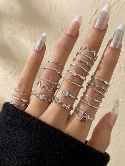 22 Parça Şık Minimalist Yapay Elmas Kalp, Dalga, Yıldız, Asimetrik Yüzükler ve Altın Geometrik Eklem Yüzükleri Seti [Kapalı Yüzük, Lütfen Zorla Açmaya Çalışmayın]