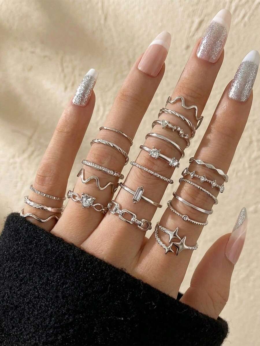 22 件时尚简约水钻心形、波浪形、星形、不对称戒指和金色几何指节戒指套装 [闭合戒指，请勿强行打开] - 銀色 - 查看 1