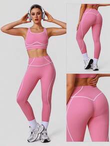 Sodalemon Women No Front Seam Yoga Leggings Casual Contrast Color Outdoor Training Pants Elastic Fitness Gym Leggings - Hồng - Xem 9