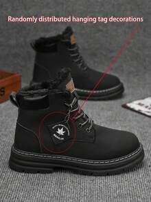 1 Pair Thermal Lined Lace-Up Ankle Boots With Letter Pattern, PU High Top Outdoor Work Boots, Black Unisex Motorcycle Boot