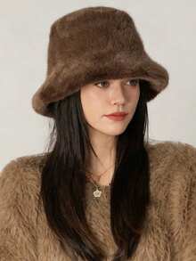 1pc All-Match Casual Versatile Warm Fuzzy Bucket Hat Cold Weather Outfit Women - Dark Brown - View 2