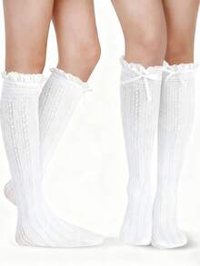 2pairWomen's Lace Knee High Socks, Girls' Pleated Knee High Socks, Black And White Mesh Fishing Net Stockings - 705 - View 8