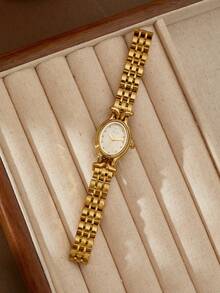 XIVIYA 1pc Women's Elegant Oval Glitter Dial Waterproof Wrist Watch, Golden Color, High-Quality Gift