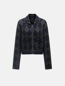 DEEKA 秋冬新款女装时尚休闲菱格纹飞行员夹克针织短外套 - 灰藍 - 查看 1