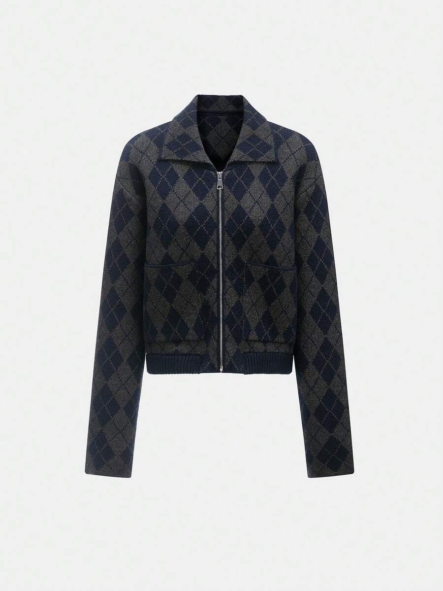 DEEKA 秋冬新款女装时尚休闲菱格纹飞行员夹克针织短外套 - 灰藍 - 查看 1