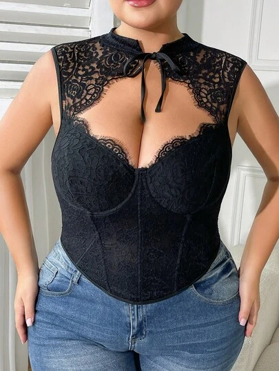 EZNV 1PC Plus Size Underwire Boned Lace Corset - High Neck Tie Front, Supportive Shaping For Curvy Women