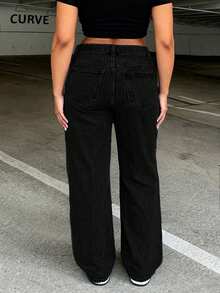 Women Plus Size Classic Solid Color Straight Leg Jeans, Fashionable Versatile Slim-Fitting - Black - View 2