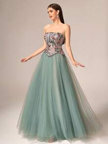 VIPGIRL 优雅奢华柔软女士无肩带长款喇叭形网纱撞色亮片晚礼服 无袖 - 綠色 - 查看 8